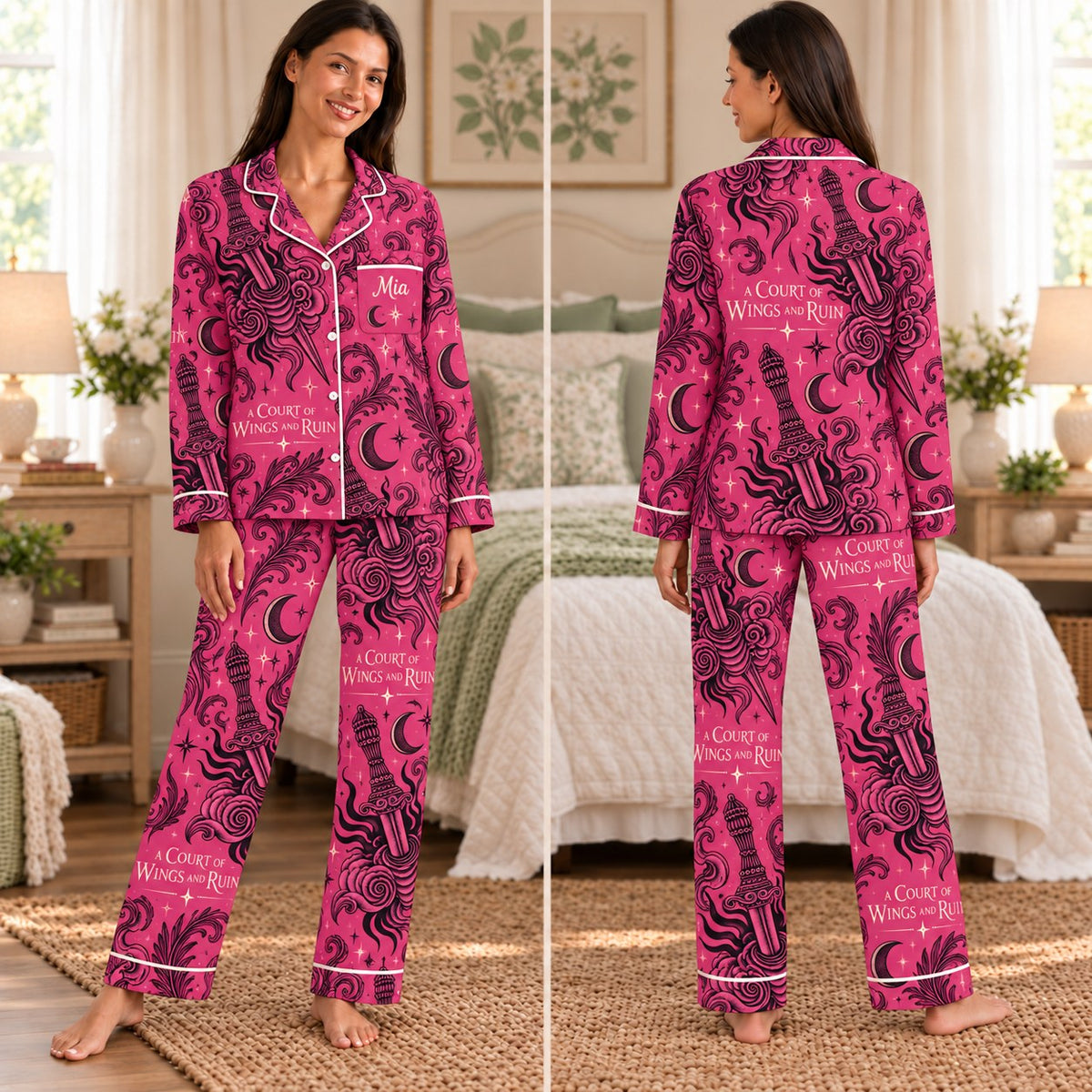 ACOTAR satin pajamas 3. Wings and Ruin – front and back view