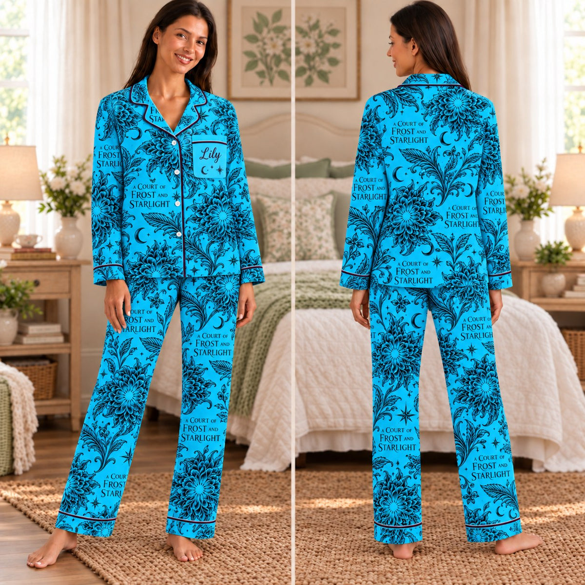 ACOTAR satin pajamas 4. Frost and Starlight – front and back view