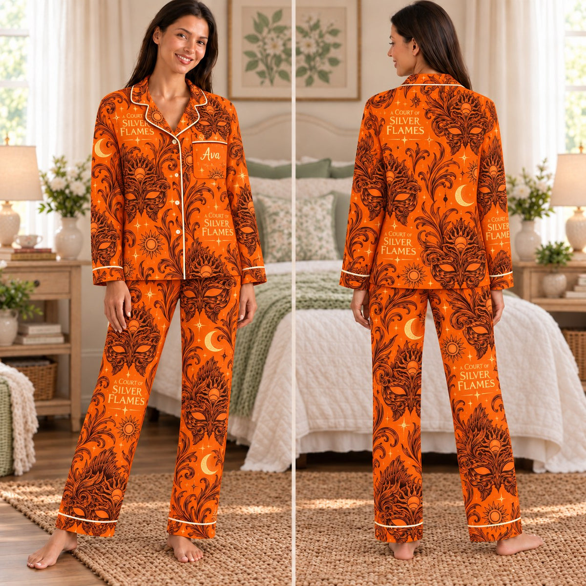 ACOTAR satin pajamas 5. Silver Flames – front and back view