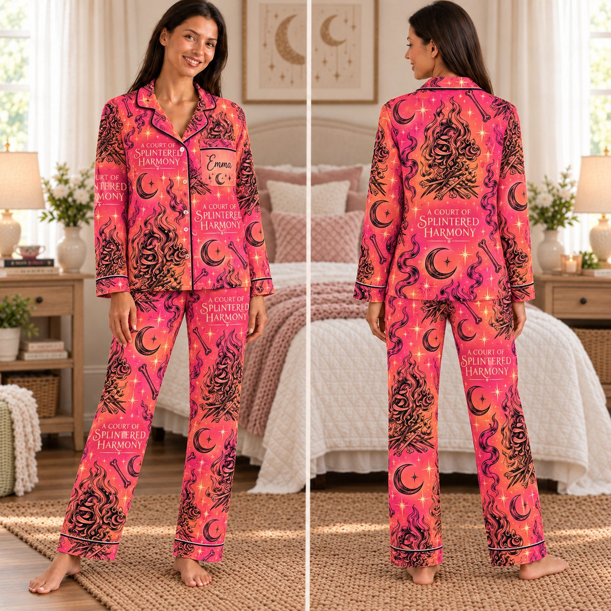 ACOTAR satin pajamas 6. Splintered Harmony – front and back view