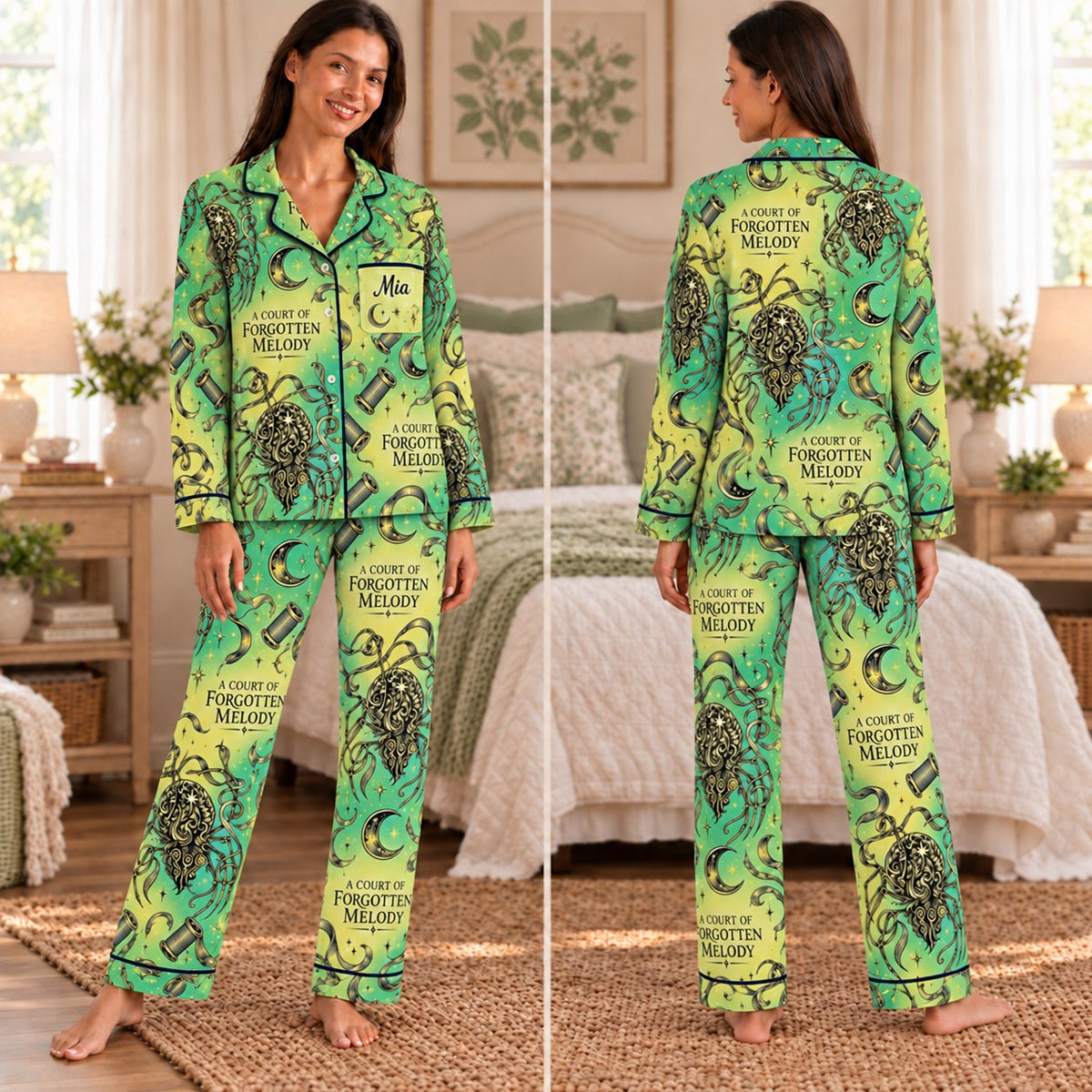 ACOTAR satin pajamas 7. Forgotten Melody – front and back view