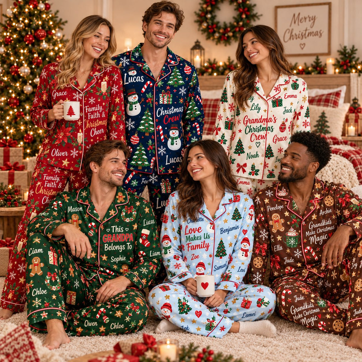 Personalized Christmas satin pajamas - family group wearing the pajama sets