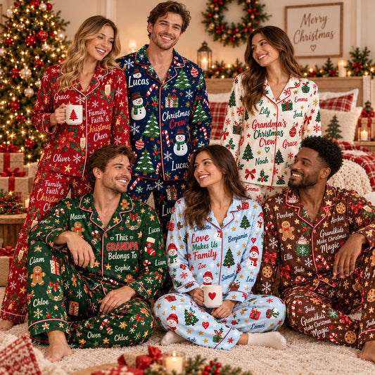 Personalized Christmas satin pajamas - family group wearing the pajama sets