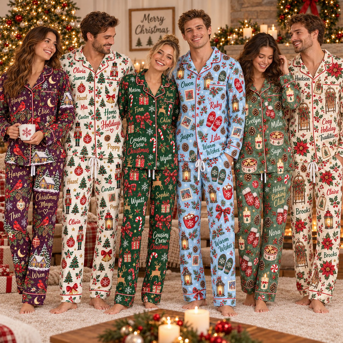 Personalized Christmas satin pajamas cousins crew - family group wearing the pajama sets