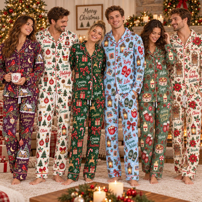 Personalized Christmas satin pajamas cousins crew - family group wearing the pajama sets