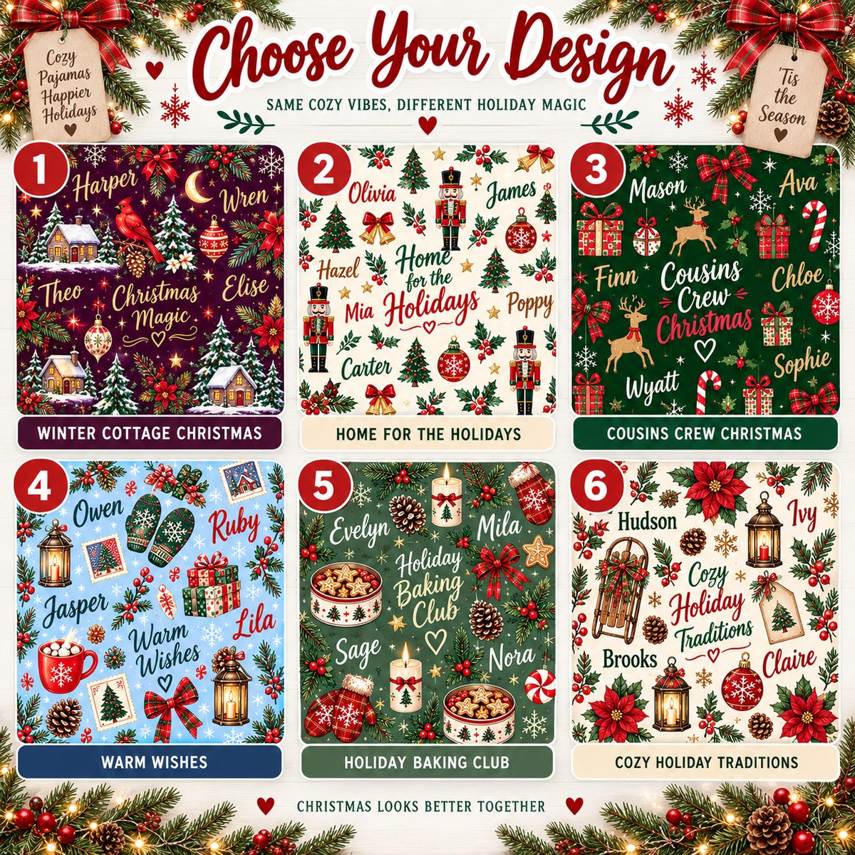 Personalized Christmas satin pajamas cousins crew - choose your design, 6 patterns