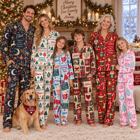 Personalized Christmas satin pajamas fair isle - family group wearing the pajama sets