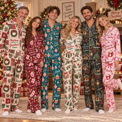 Personalized Christmas satin pajamas patchwork - family group wearing the pajama sets