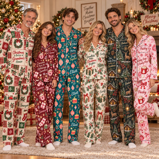 Personalized Christmas satin pajamas patchwork - family group wearing the pajama sets