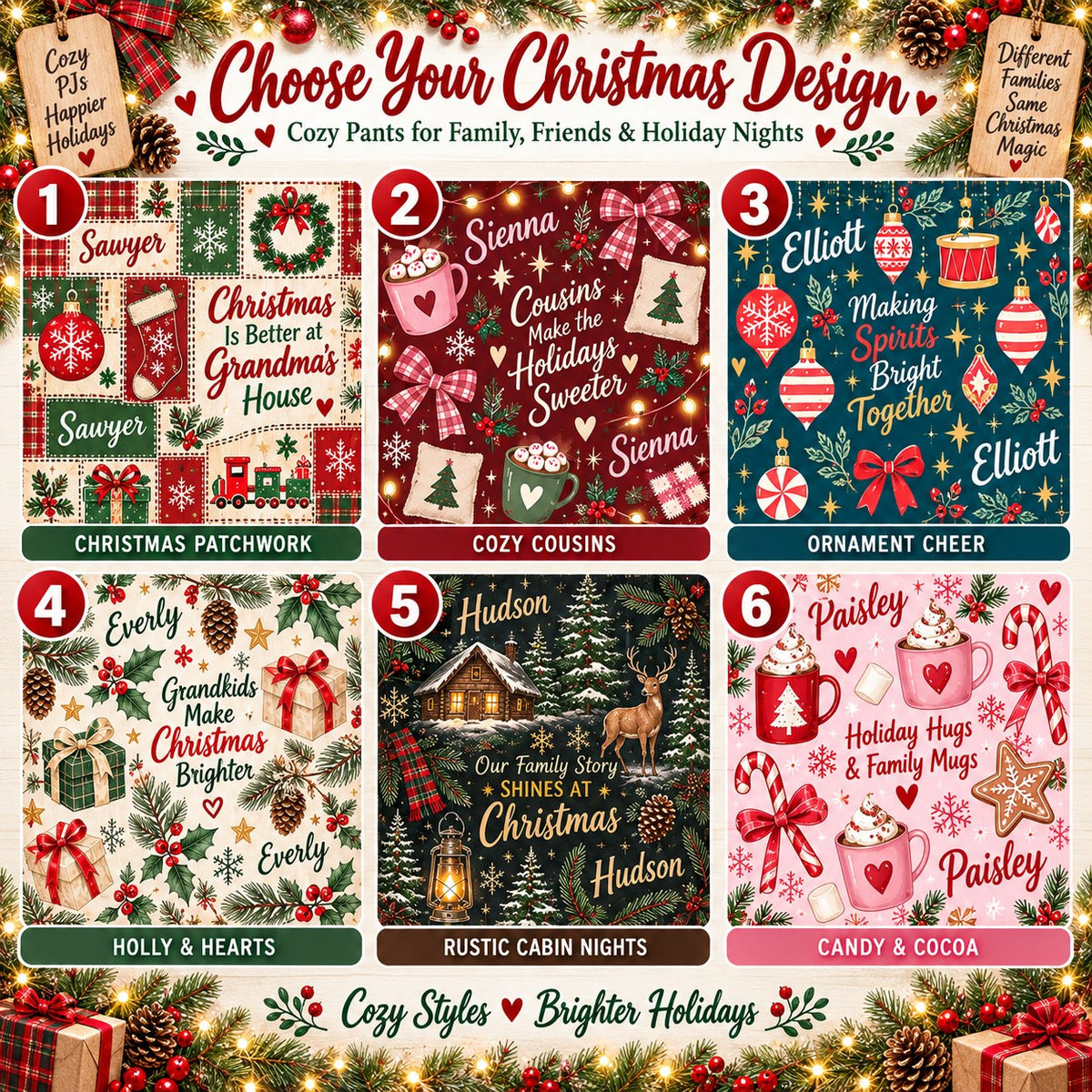 Personalized Christmas satin pajamas patchwork - choose your design, 6 patterns