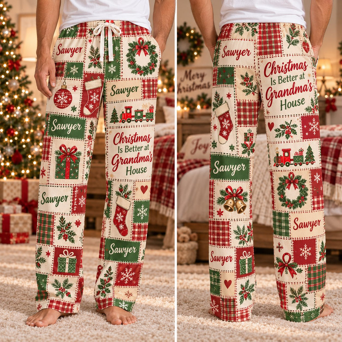 Personalized Christmas satin pajamas patchwork - view 4