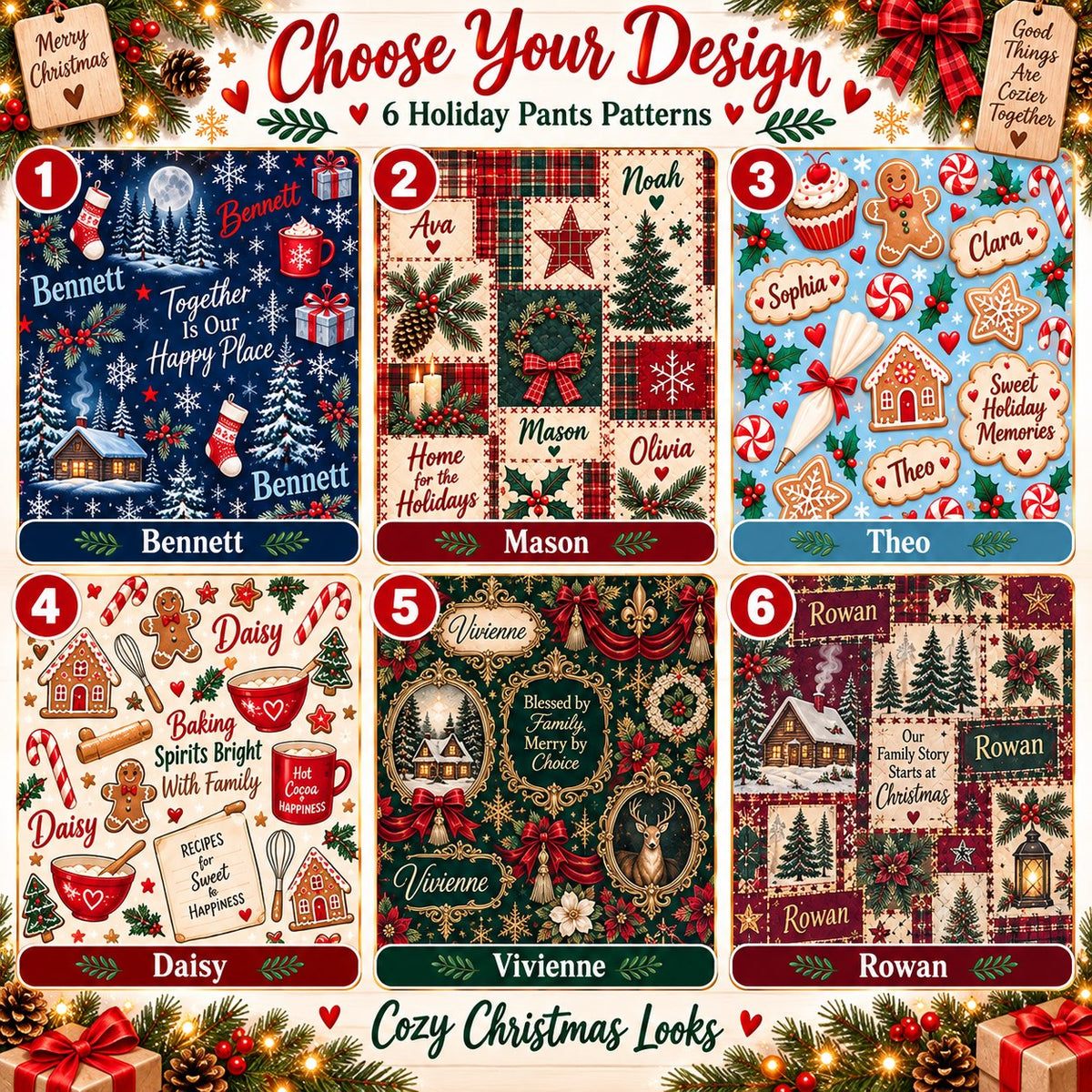 Personalized Christmas satin pajamas snowy cottage - choose your design, 6 patterns