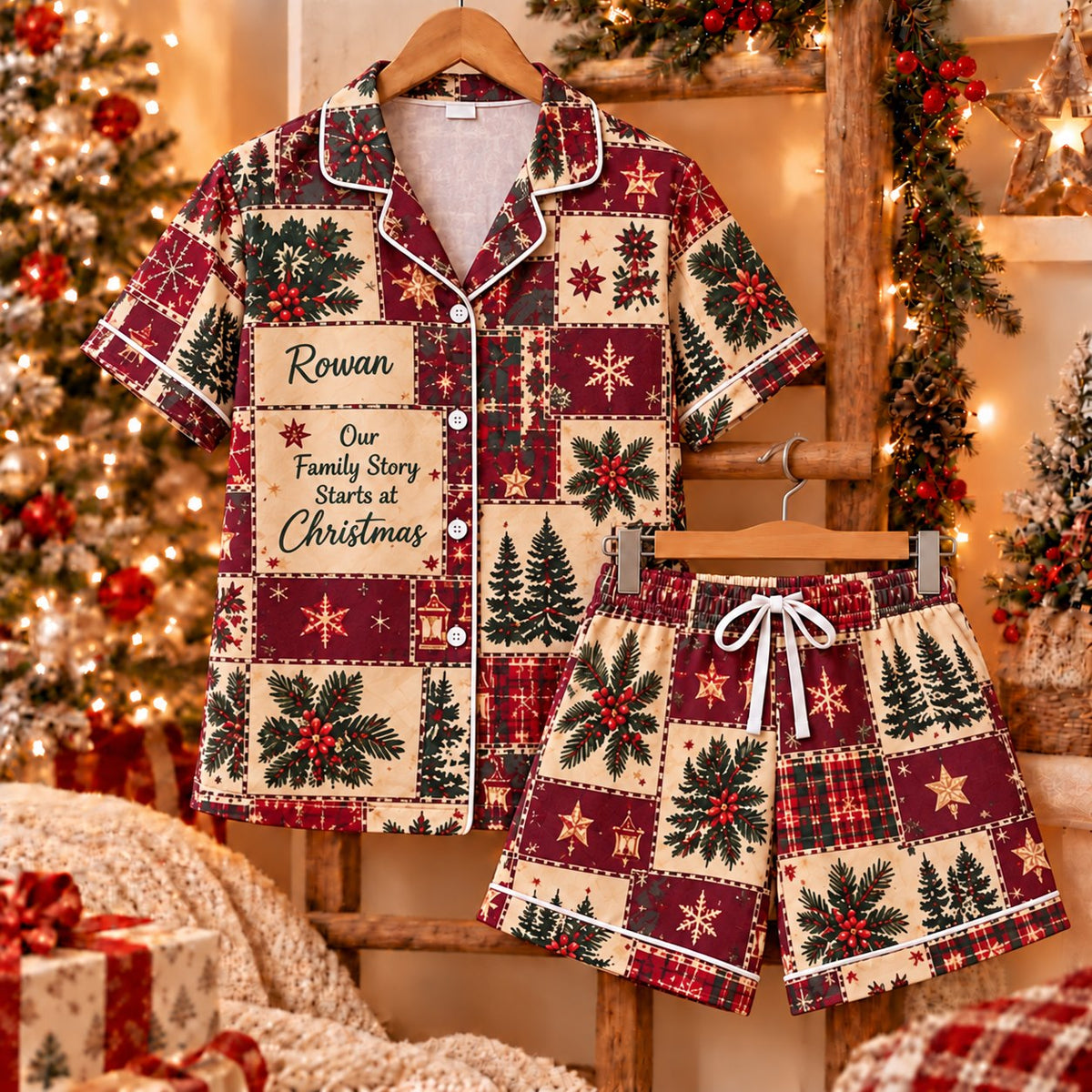 Personalized Christmas satin pajamas snowy cottage - view 3
