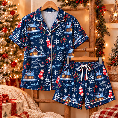Personalized Christmas satin pajamas snowy cottage - view 4
