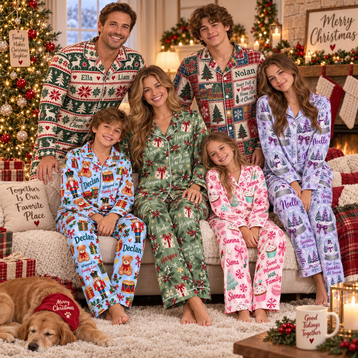 Personalized Christmas satin pajamas snow globe - family group wearing the pajama sets