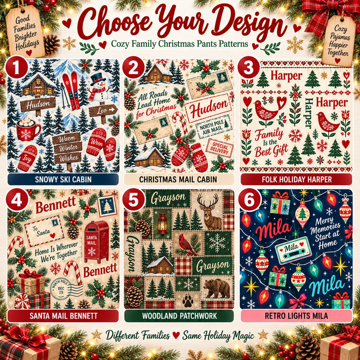 Personalized Christmas satin pajamas ski cabin - choose your design, 6 patterns