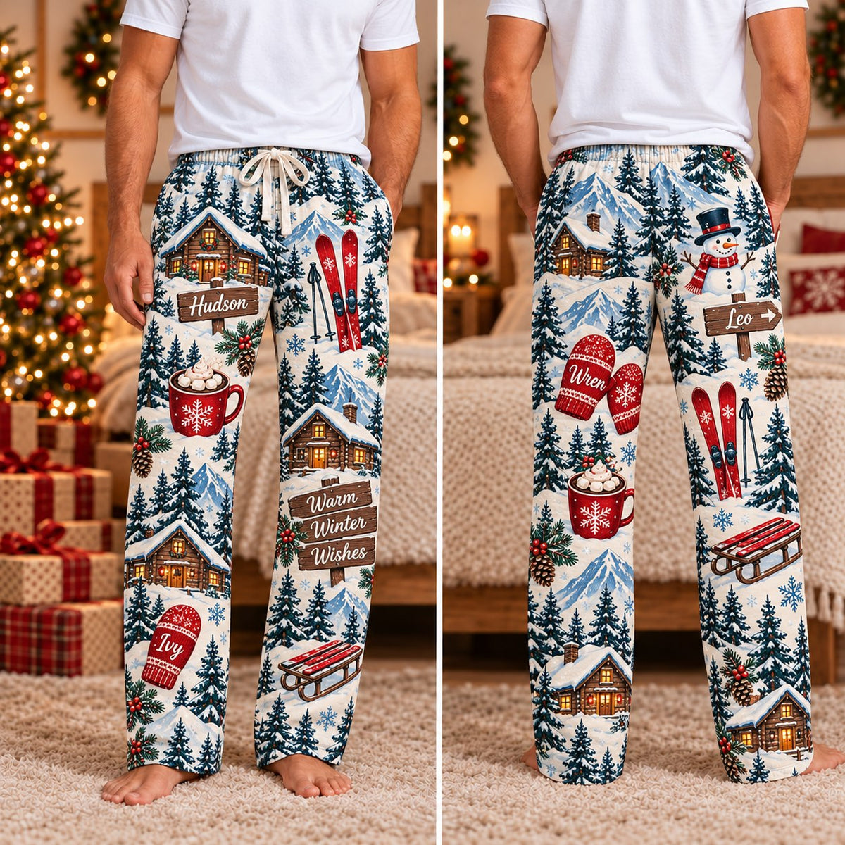 Personalized Christmas satin pajamas ski cabin - view 3