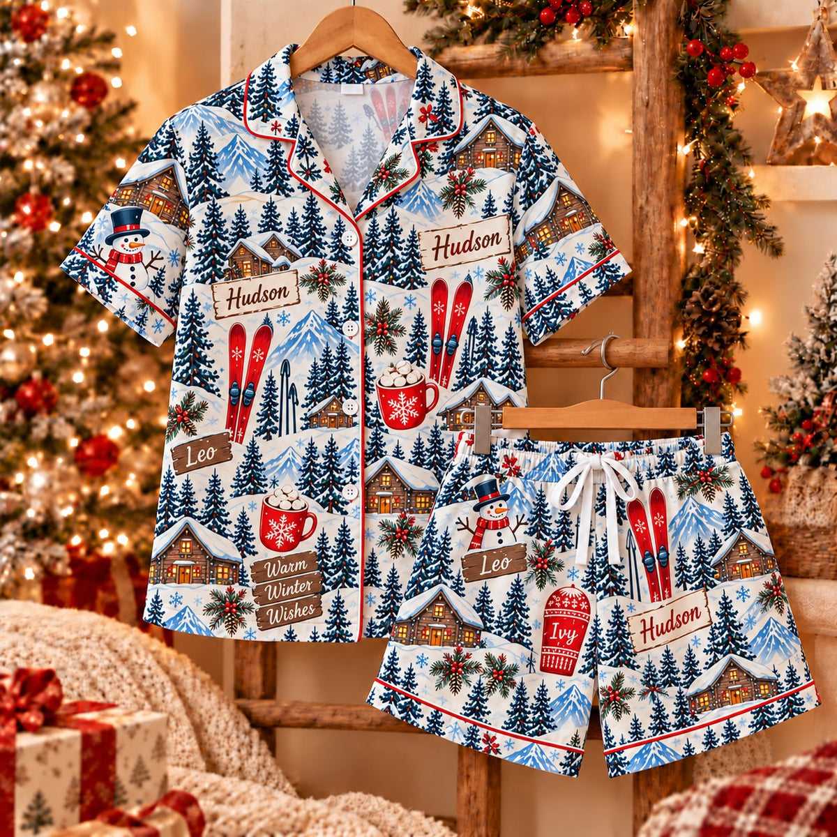 Personalized Christmas satin pajamas ski cabin - view 4