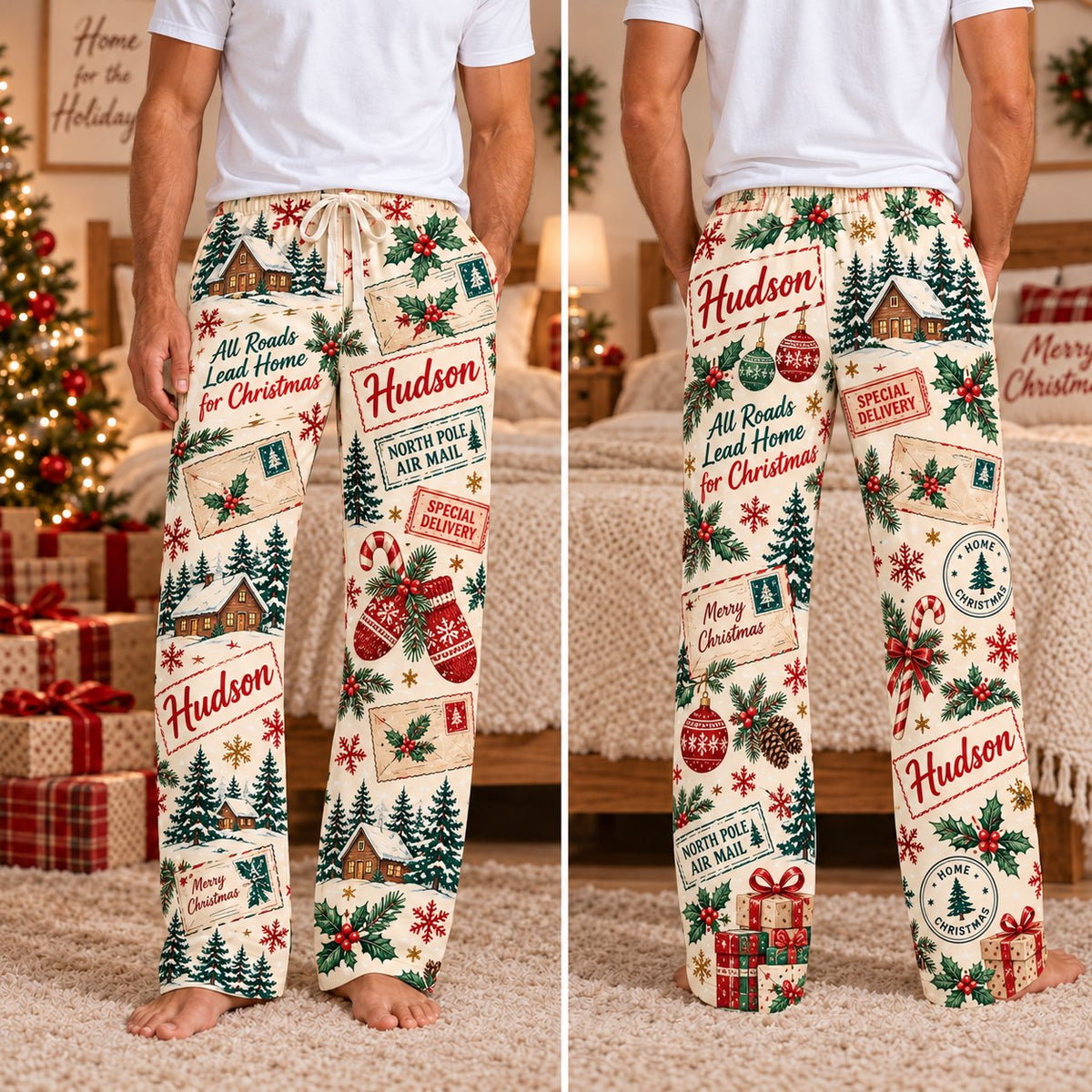 Personalized Christmas satin pajamas ski cabin - view 7