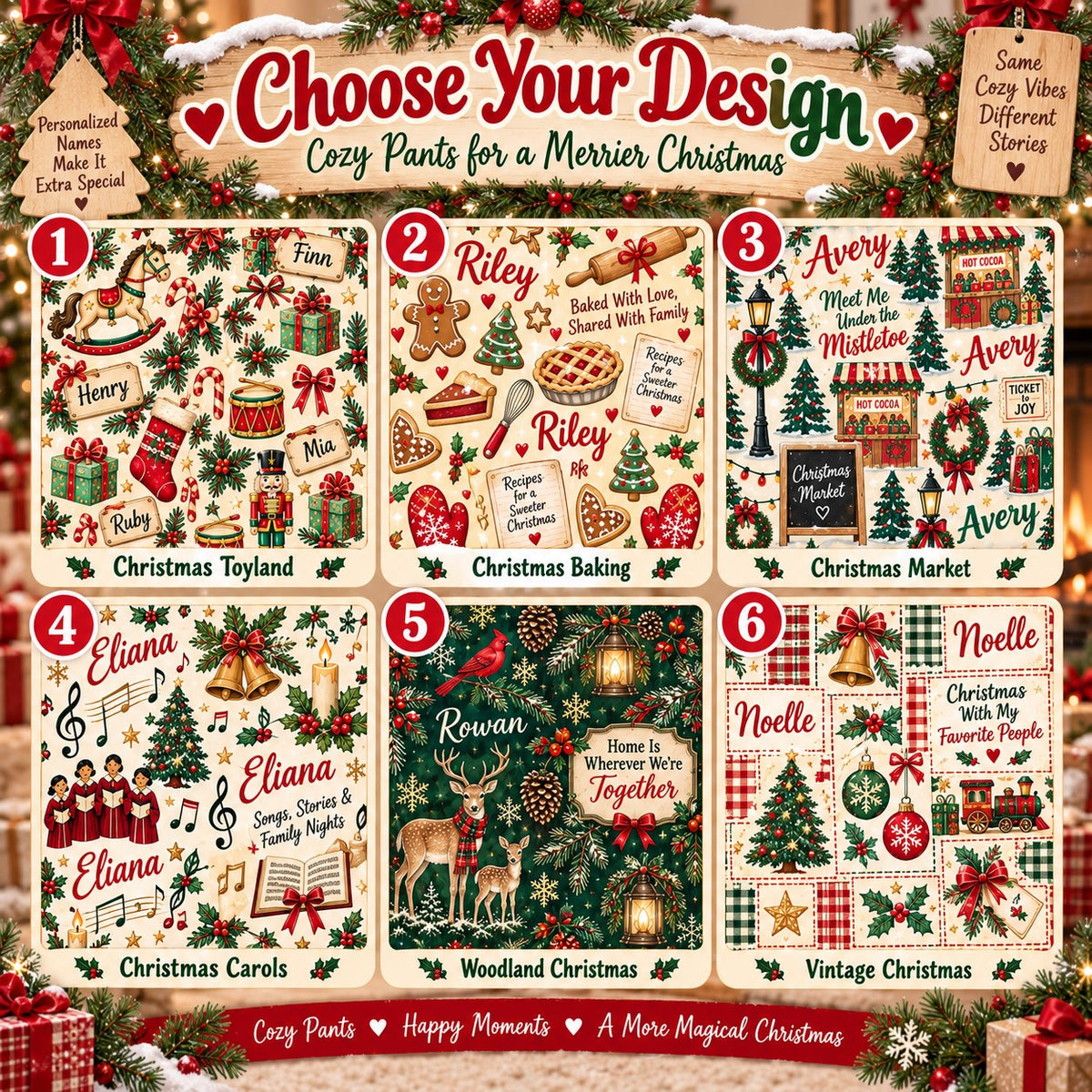 Personalized Christmas satin pajamas toyland - choose your design, 6 patterns