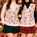 Pink Coquette Christmas Cardigan Vest - Pink Bow Rocking Horse Knit Sweater Vest, Cute Christmas Vest for Women