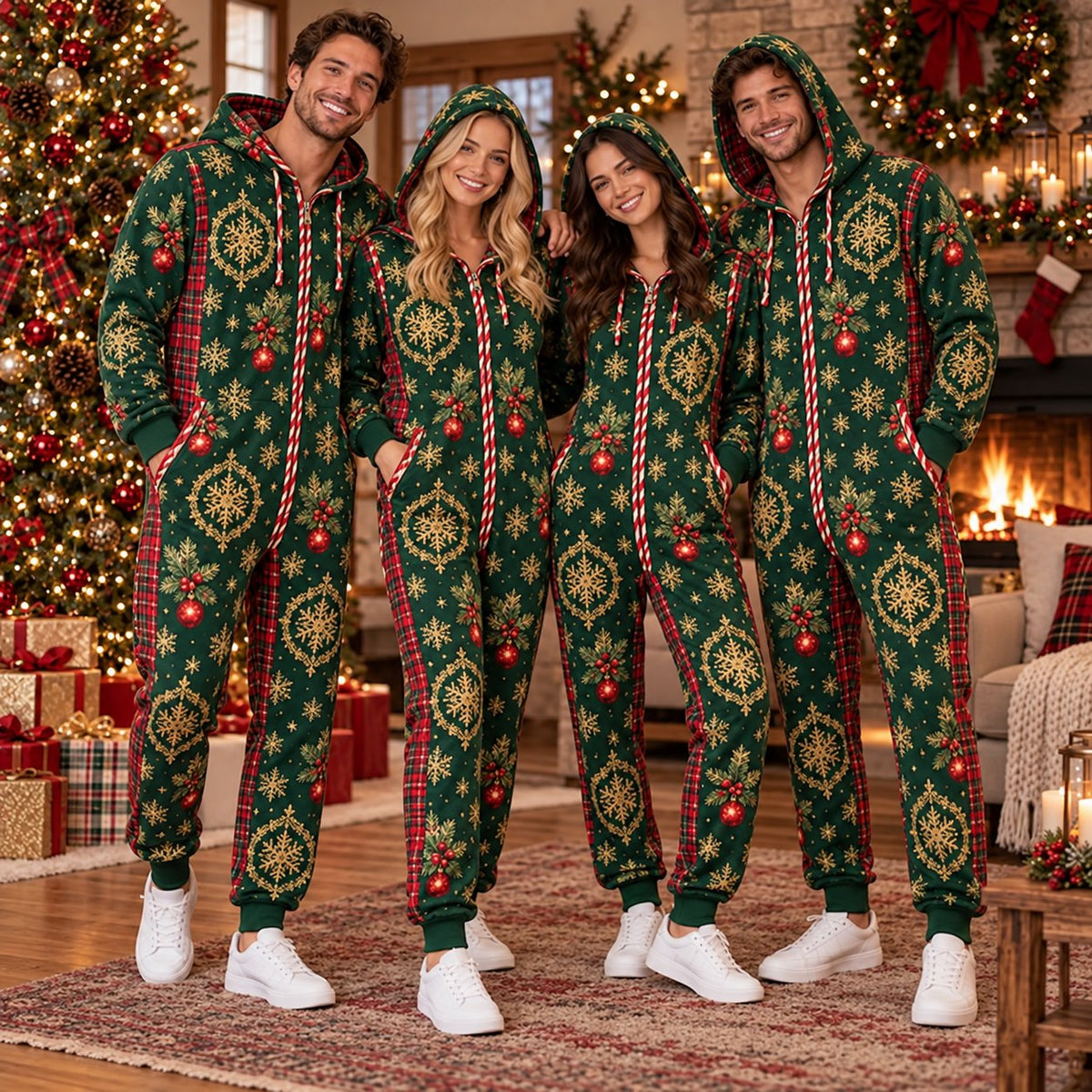 Gold snowflake ornament Christmas onesie - matching group wearing the jumpsuits