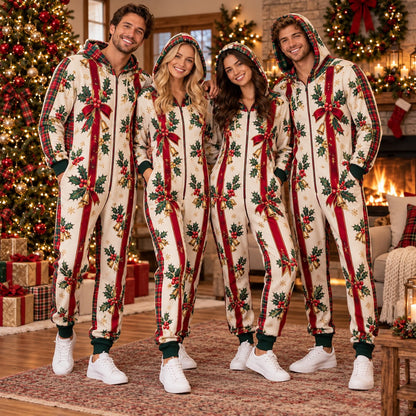 Holly bow bell Christmas onesie - matching group wearing the jumpsuits
