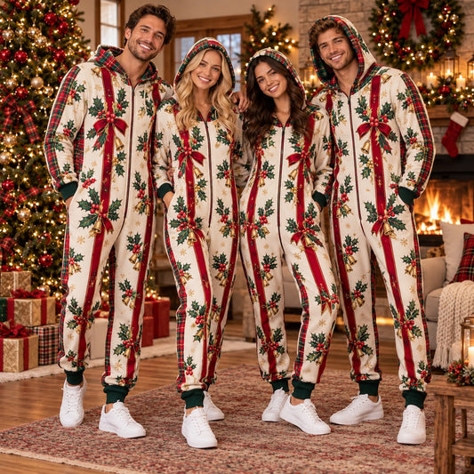 Holly bow bell Christmas onesie - matching group wearing the jumpsuits