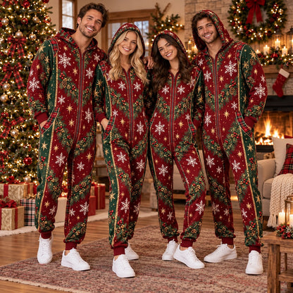 Burgundy snowflake garland Christmas onesie - matching group wearing the jumpsuits