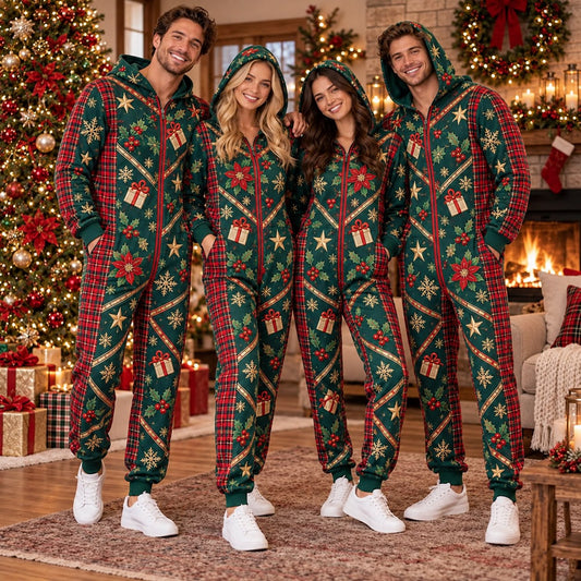 Gift box poinsettia Christmas onesie - matching group wearing the jumpsuits