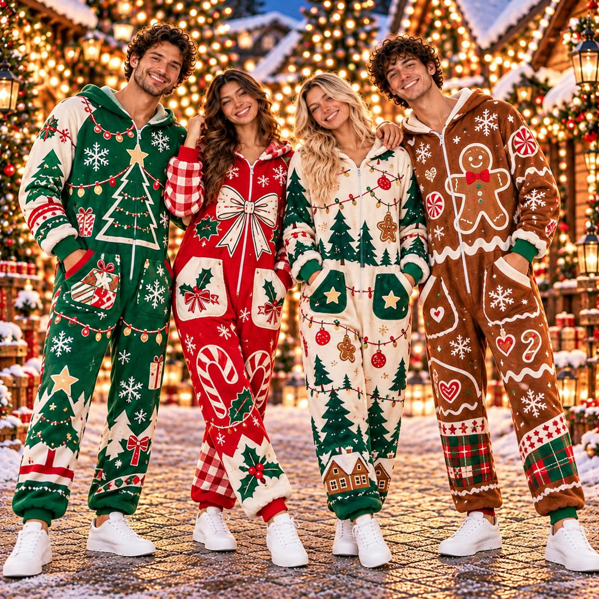Christmas tree gingerbread man Christmas onesie - matching group wearing the jumpsuits