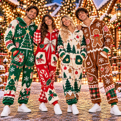 Christmas tree gingerbread man Christmas onesie - matching group wearing the jumpsuits