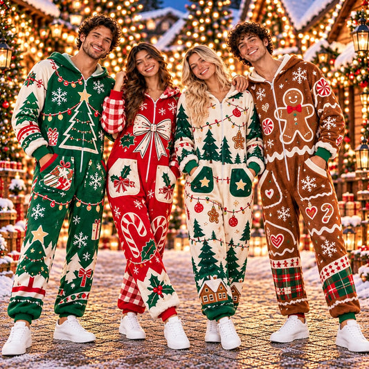 Christmas tree gingerbread man Christmas onesie - matching group wearing the jumpsuits