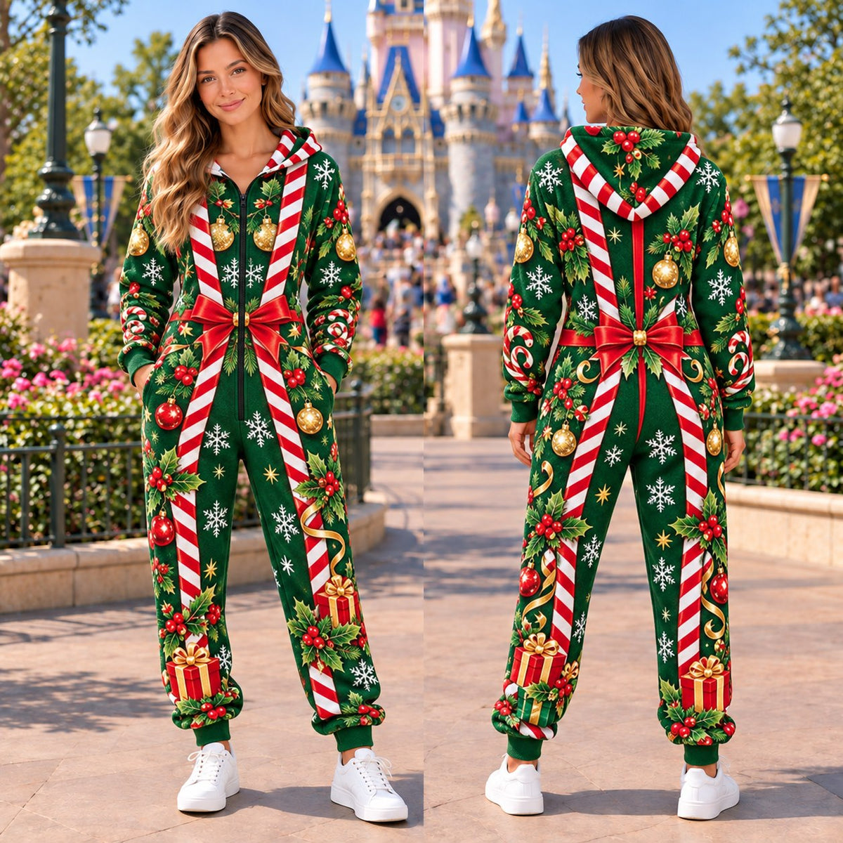 Gingerbread candy cane Christmas onesie - design 1 front and back