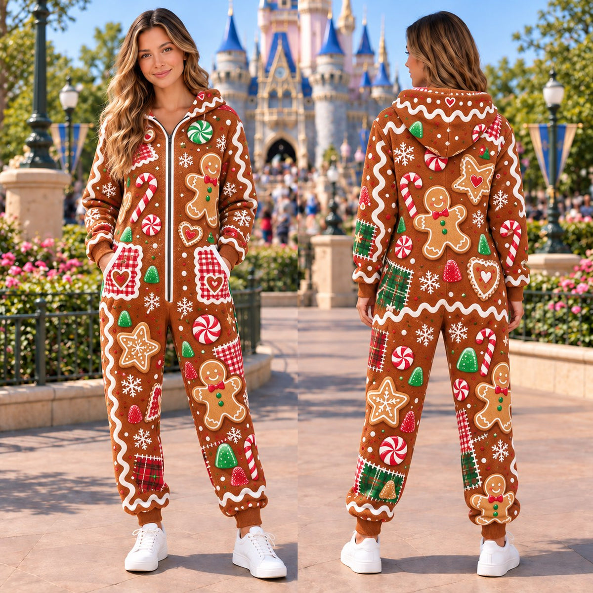 Gingerbread candy cane Christmas onesie - design 2 front and back
