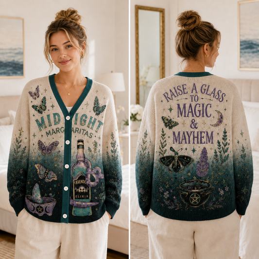 Witchy Cocktail Knit Cardigan, Celestial Moth & Potion Button Sweater, Halloween Magic Cardigan, Gothic Fall Sweater
