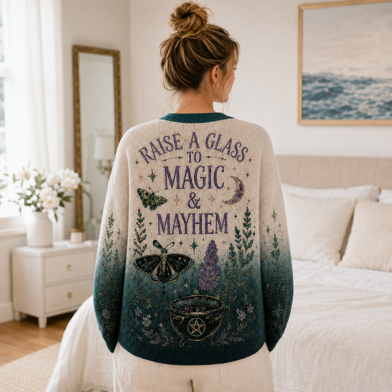 Witchy Cocktail Knit Cardigan, Celestial Moth & Potion Button Sweater, Halloween Magic Cardigan, Gothic Fall Sweater