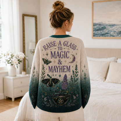 Witchy Cocktail Knit Cardigan, Celestial Moth & Potion Button Sweater, Halloween Magic Cardigan, Gothic Fall Sweater