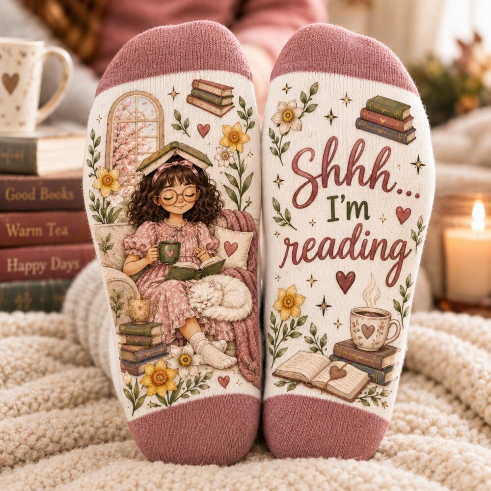 Cozy Reading Socks for Women, Shhh I’m Reading Book Lover Socks, Personalized Bookworm Socks, Reader Gift for Her