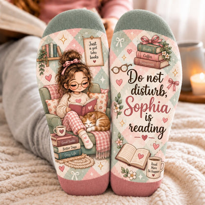 Personalized Reading Socks, Custom Name Book Lover Socks, Do Not Disturb Reading Socks, Bookworm Gift for Her, Bookish Socks for Women