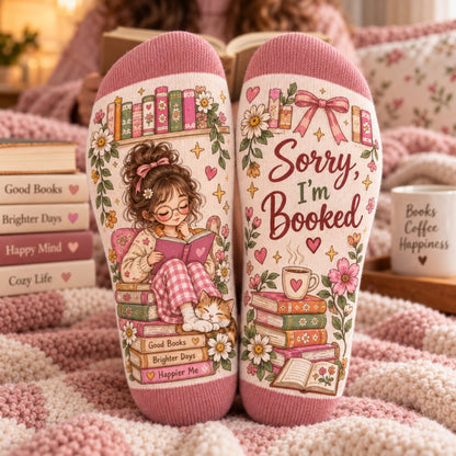 Sorry I’m Booked Reading Socks, Book Lover Socks for Women, Cute Bookworm Socks, Cozy Reader Gift, Bookish Gift for Her