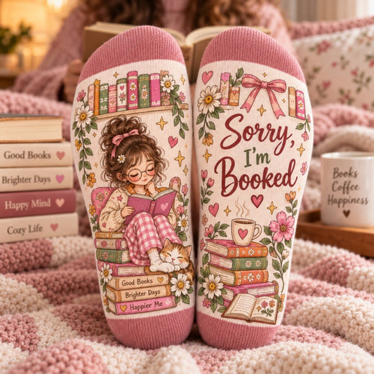Sorry I’m Booked Reading Socks, Book Lover Socks for Women, Cute Bookworm Socks, Cozy Reader Gift, Bookish Gift for Her
