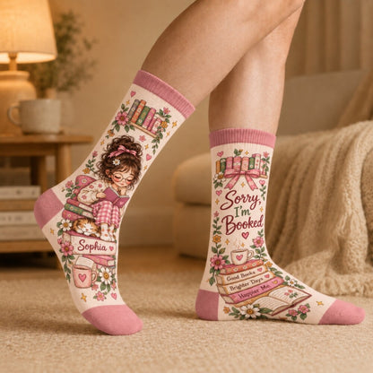 Sorry I’m Booked Reading Socks, Book Lover Socks for Women, Cute Bookworm Socks, Cozy Reader Gift, Bookish Gift for Her