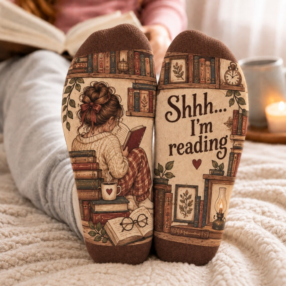 Shhh I’m Reading Socks, Vintage Book Lover Crew Socks, Cozy Library Bookworm Socks, Reader Gift for Women, Bookish Christmas Gift