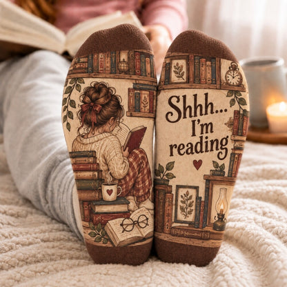 Shhh I’m Reading Socks, Vintage Book Lover Crew Socks, Cozy Library Bookworm Socks, Reader Gift for Women, Bookish Christmas Gift