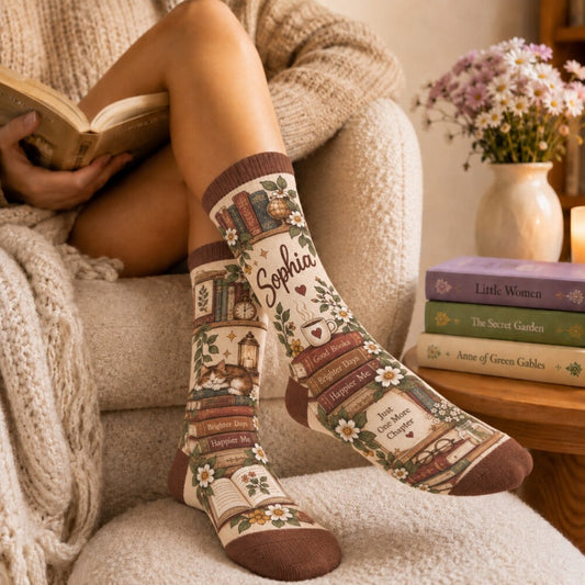 Shhh I’m Reading Socks, Vintage Book Lover Crew Socks, Cozy Library Bookworm Socks, Reader Gift for Women, Bookish Christmas Gift