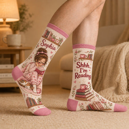 Shhh I’m Reading Socks, Cozy Book Lover Crew Socks, Cute Bookworm Socks for Women, Reader Gift, Bookish Christmas Gift for Her