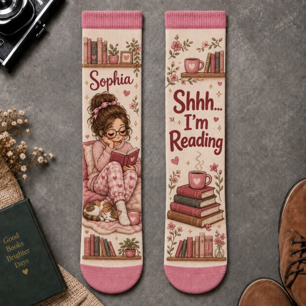 Shhh I’m Reading Socks, Cozy Book Lover Crew Socks, Cute Bookworm Socks for Women, Reader Gift, Bookish Christmas Gift for Her