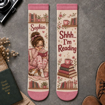 Shhh I’m Reading Socks, Cozy Book Lover Crew Socks, Cute Bookworm Socks for Women, Reader Gift, Bookish Christmas Gift for Her