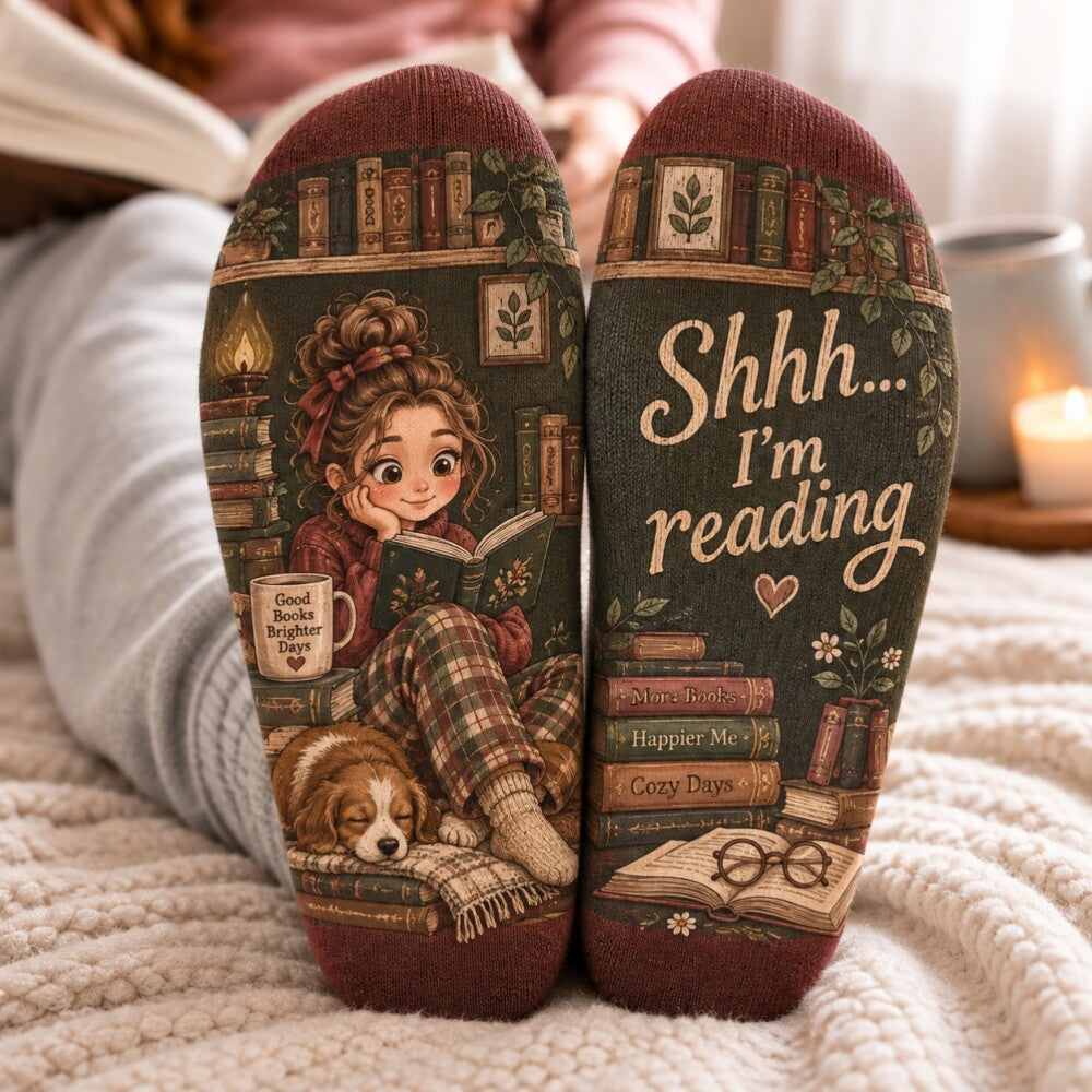 Bookish Crew Socks for Women, Personalized Reading Socks, Shhh I’m Reading Socks, Bookworm Gift, Cozy Reader Christmas Gift